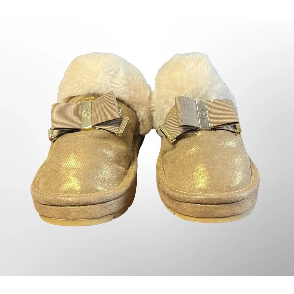 GUC Michael Kors Grace Bow Faux Fur Lined Mule Slippers Girls Size 1